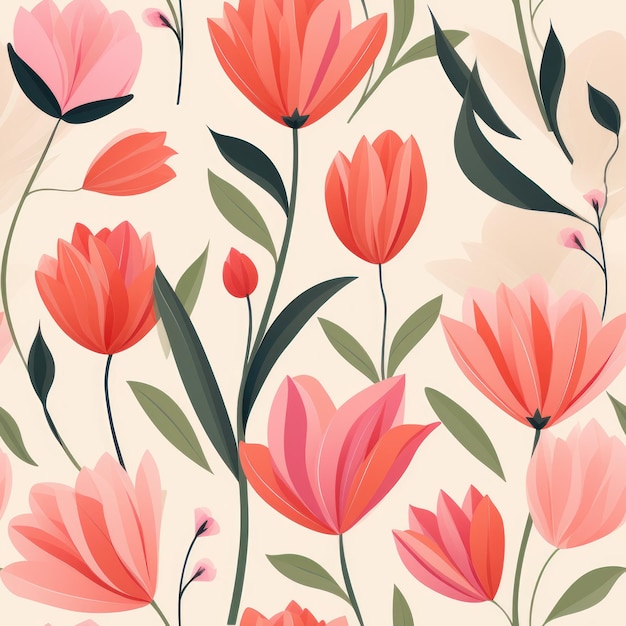 Pink and Red Tulip Flowers Pattern with Light Pink AI Generated