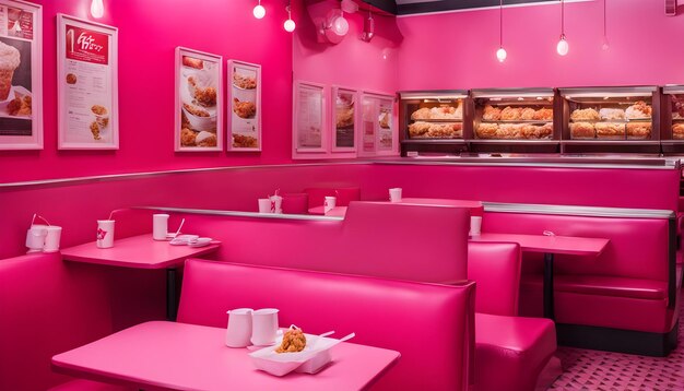 Photo a pink restaurant with a pink wall and tables and chairs