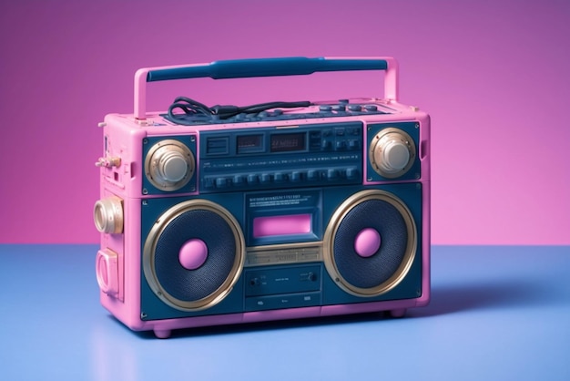 青の背景にピンクのレトロなラジカセ ゲットーブラ スター ラジオとオーディオ テープ レコーダー