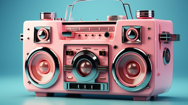 Pink retro boombox ghetto blaster radio and audio tape recorder on blue background