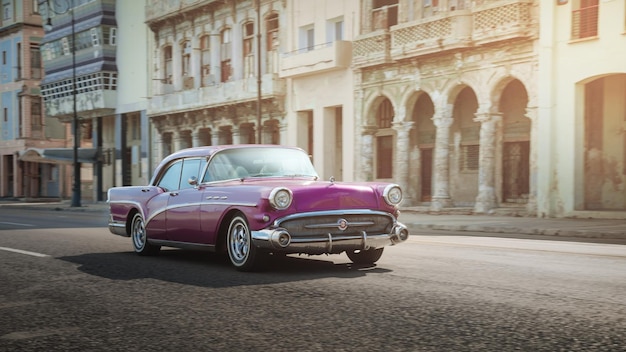 Pink retro car on the street of Havana Cuba shot with panning