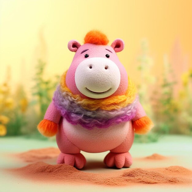 A pink rhino with a purple scarf on its head