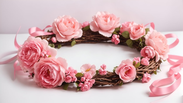 A pink ribbon around with pink flower wreath on white background