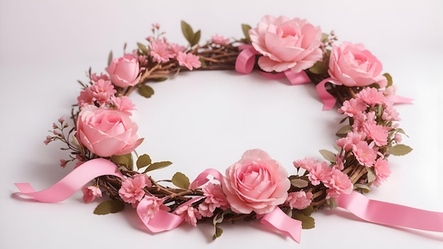 A pink ribbon around with pink flower wreath on white background