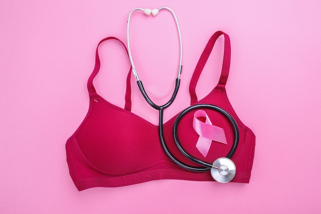 Pink ribbon attached to brassiere with stethoscope on pink background