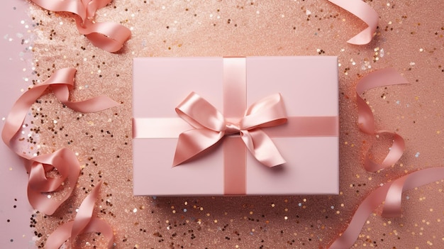 Pink ribbon bow on craft paper giftbox over large shiny sequins isolated pink background