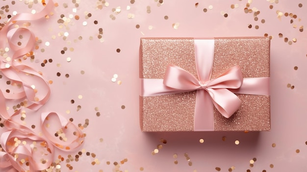 Pink ribbon bow on craft paper giftbox over large shiny sequins isolated pink background