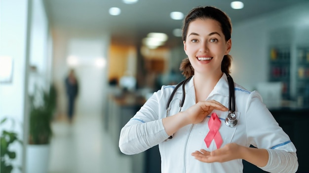 유방암에 대한 인식을 위한 분홍색 리본 의료 사무실의 여성 의사