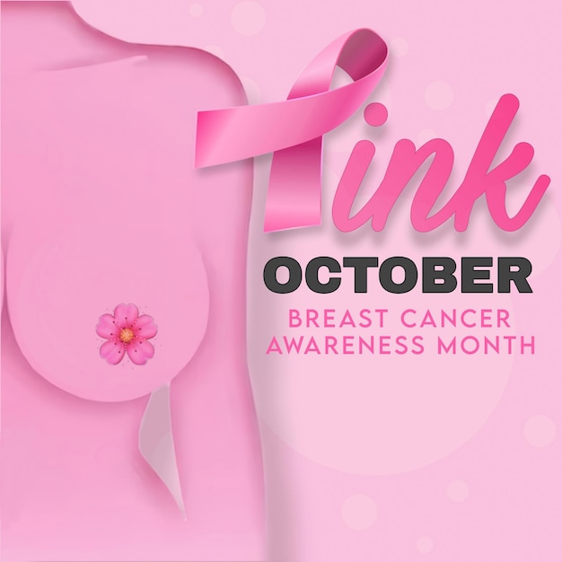 Pink ribbon for breast cancer awareness month October with woman body vector drawing