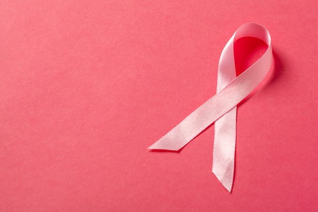 Pink ribbon breast cancer on pink background with copsyspace