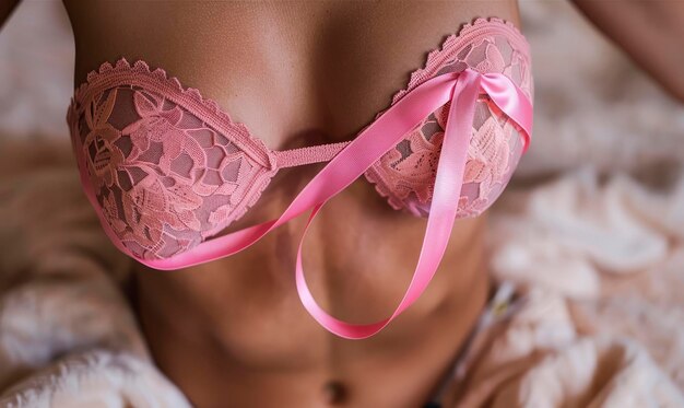 Foto il nastro rosa è il simbolo del cancro al seno su un reggiseno da donna bellissima e squisita, un corpo giovane e carino.