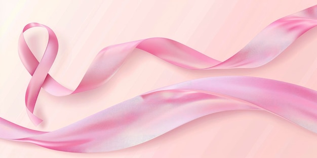 Символ рака молочной железы с розовой лентой на плоском цветном фоне, свободное место для текстового баннера
