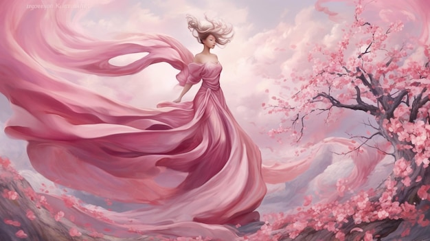 Плащ с розовой лентой вращается, как облако вишни.