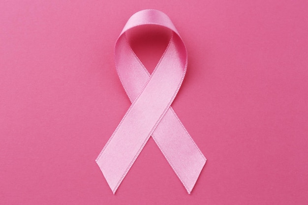 色の背景にピンクのリボン 乳がんの概念