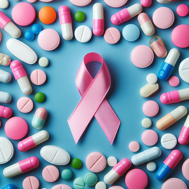 Pink ribbon and colorful pills on a blue background symbolizing breast cancer awareness and medication