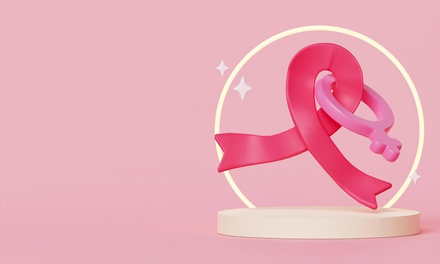 Pink ribbon and female symbol on podium on pink background breast cancer awareness 3d render illustration