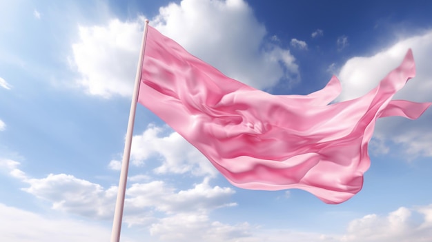 A pink ribbon flag flying high in the sky