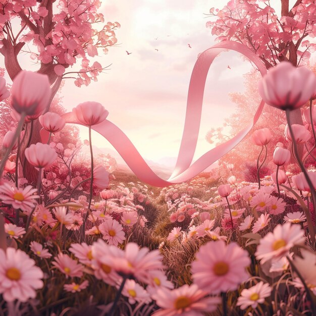 Pink Ribbon Flower Field World Cancer Day Awareness Backdrop