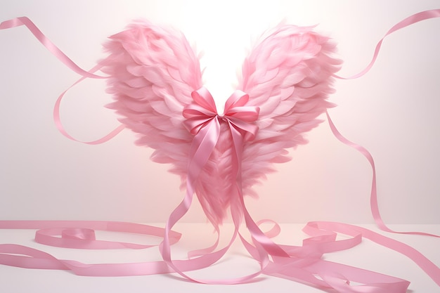 pink ribbon forming the shape of a heart with wings symbolizing hope and freedom