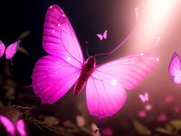 Foto un nastro rosa illuminato da una luce brillante con una singola farfalla che fluttua attorno ad esso