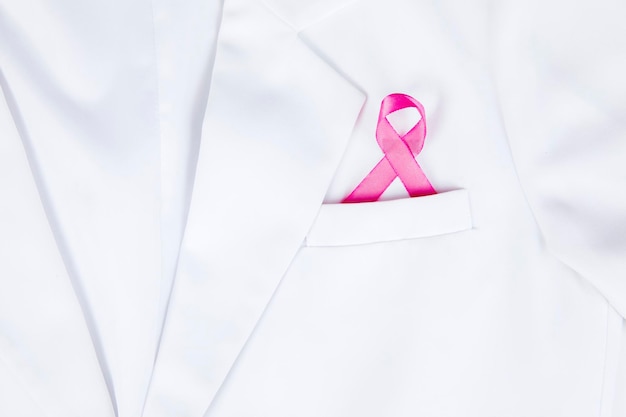 Pink ribbon inserted to the pocket of doctor coat