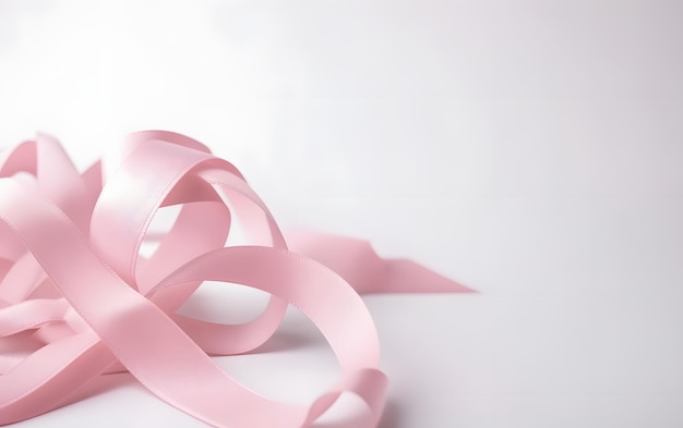 A pink ribbon is laying on a white surface.