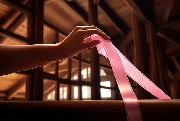 목재 프레임 구조의 스타일로 여성의 손에 분홍색 리본이 표시됩니다.