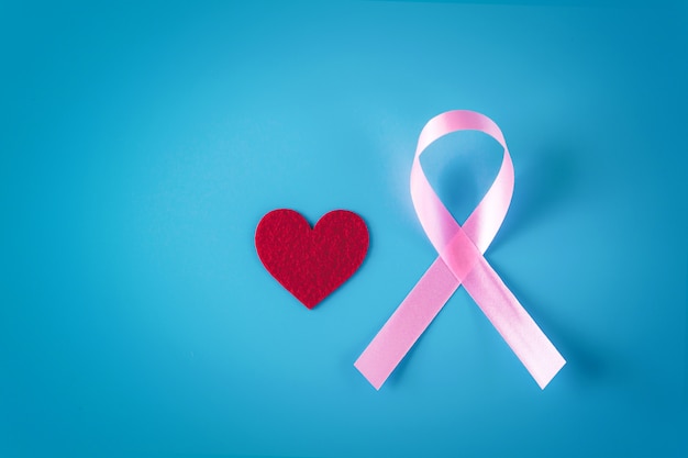 Pink ribbon and red heart on a blue background