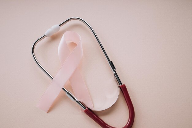 Pink ribbon and stethoscope on pink background Healthcare concept