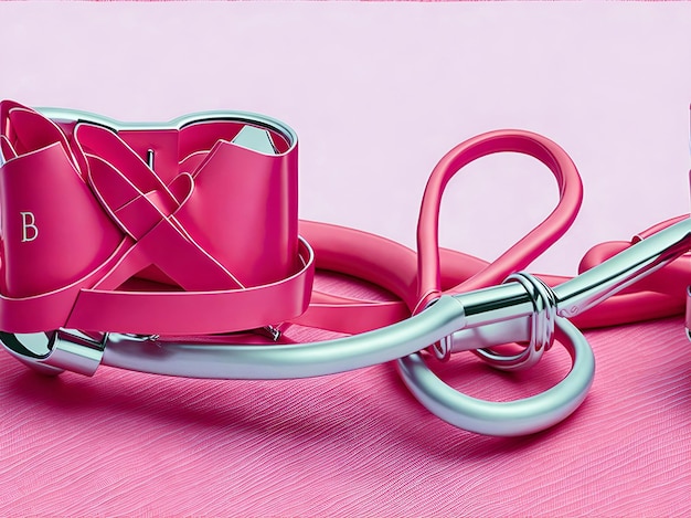 女性の乳がん啓発のピンクのリボンと聴診器のシンボル