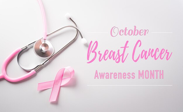 Photo pink ribbon and stethoscope with the text on paper background for supporting breast cancer awareness month campaign