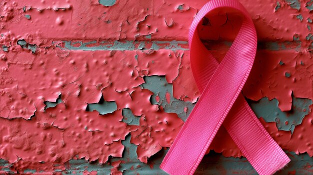 Pink ribbon on weathered red background symbolizing breast cancer awareness