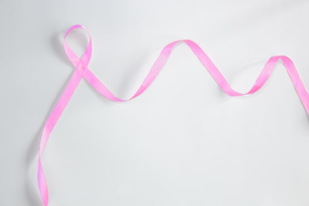 Pink ribbon on white background with copy space are for text and a Breast campaign.