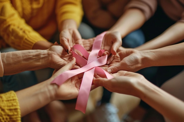 Pink ribbon with breast cancer awareness women putting hands together