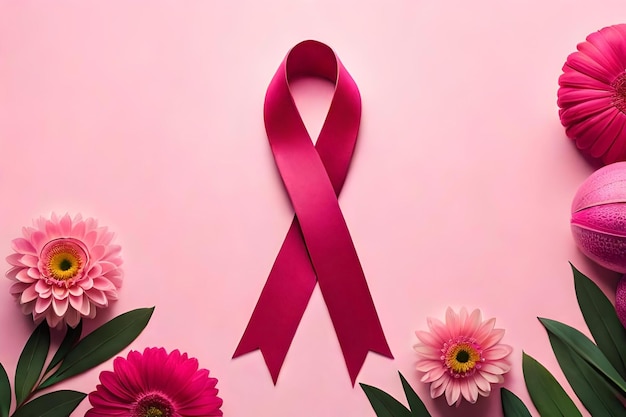 A pink ribbon with flowers on it is tied to a pink ribbon.