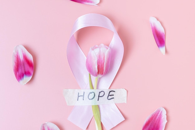 Pink ribbon with sticky tape and the word hope on a pink background