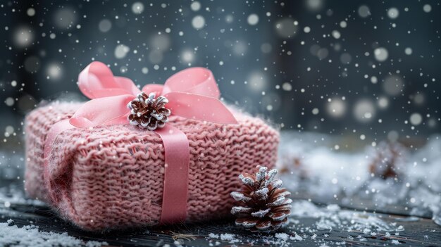 Pink RibbonWrapped Present With Pine Cones