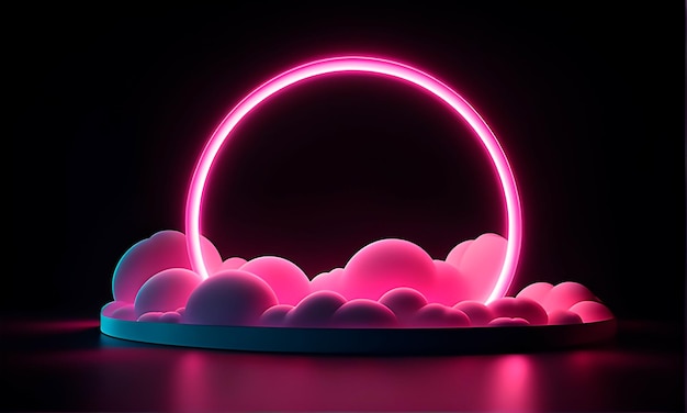 Pink ring frame in a dark background with fluffy abstract clouds