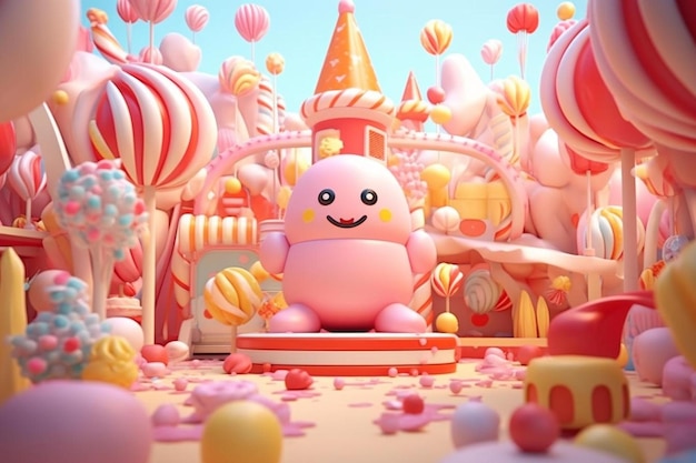 a pink robot sits in front of a temple with many colorful candies.