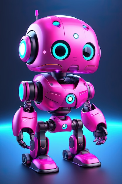 a pink robot with blue eyes and a blue background.