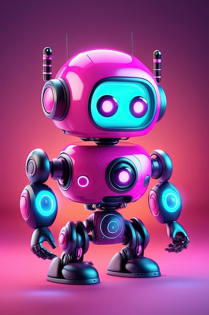 a pink robot with blue eyes and a pink background