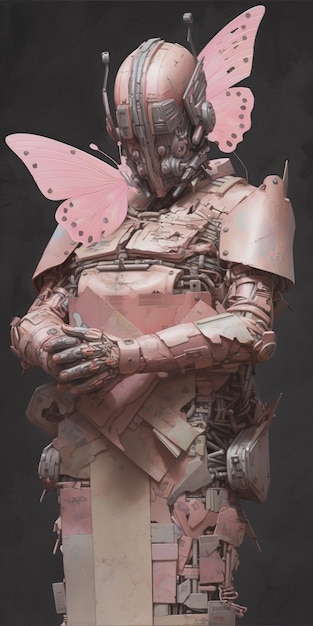 A pink robot with a butterfly on his wings