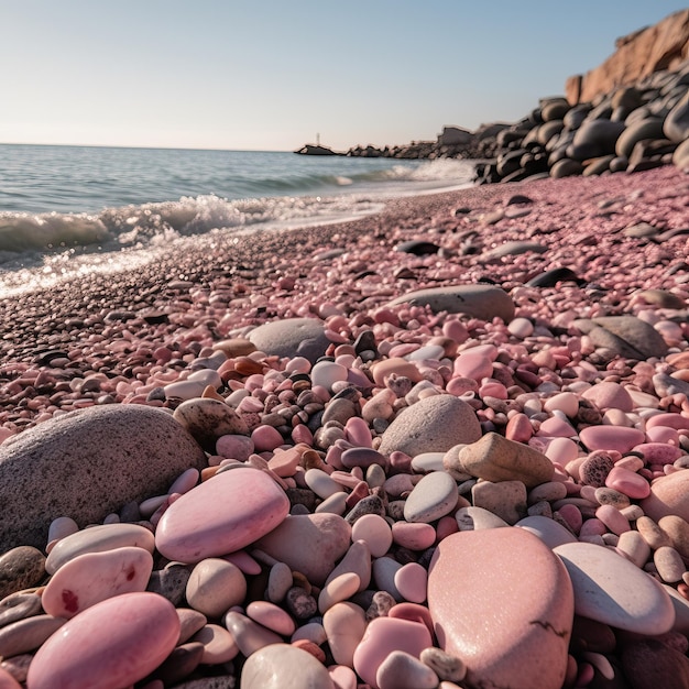 Foto rocce rosa su una spiaggia con l'oceano sullo sfondo