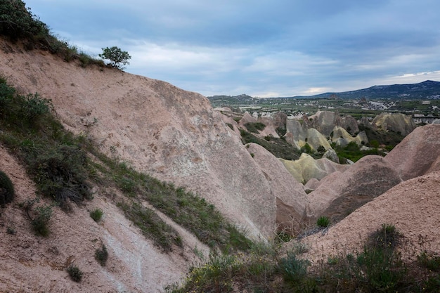 カッパドキアの壮大な風景の谷にある珍しい形のピンクの岩