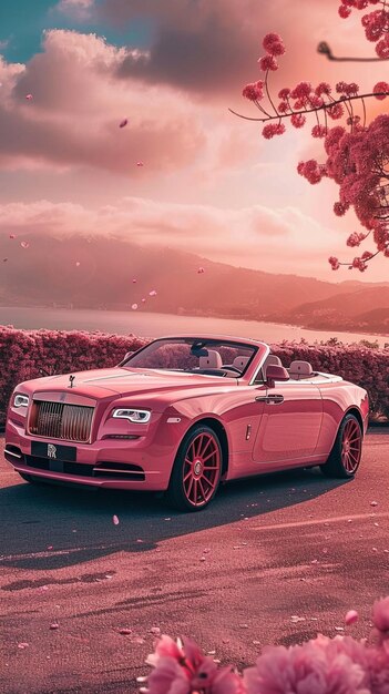 Foto un rolls royce rosa parcheggiato davanti a un albero rosa generativo ai