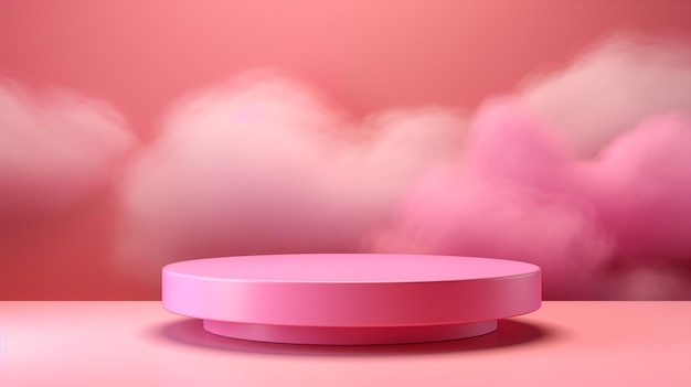 ピンクのロマンチックな雲 AI が生成した表彰台ラウンド ステージ モックアップ