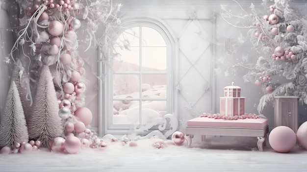 Pink room Christmas trees decorative balloons snow drifts snowflakes gifts Christmas room background
