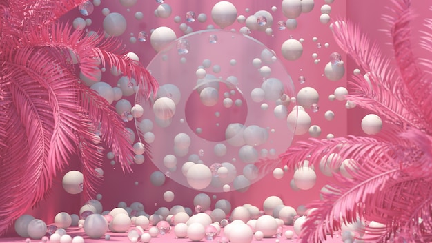 Розовая комната. Стеклянная форма круга и белые шары. Абстрактная иллюстрация, 3d визуализация.