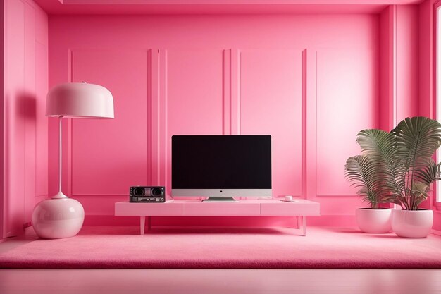Pink room interior with mock up computer pc with blank white screen 3d rendering illustration
