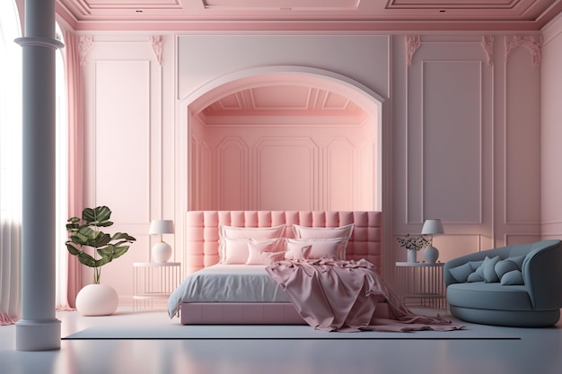 A pink room with a bed and a lamp on the wall.